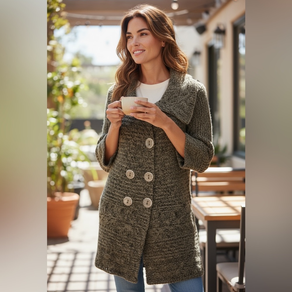 Y2K 90s BCBGMaxAzria Chunky Knit Sweater Coat Double Breasted Oversized Collar